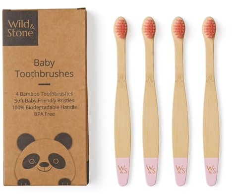 Wild & Stone Organic Baby Bamboo Toothbrushes | 4 Pack | Soft Bristles | 100% Compostable Handle | BPA Free | Vegan Baby Toothbrushes (Baby Pink)