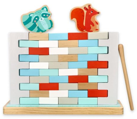 Wackelmauer Spiel, Intelligenz Spiel für Kinder, aus Holz, Kreatives Spiel zum Einreißen Einer Wand, Arcade-Spiel für Kinder ab 3 Jahren - 40 Dominosteine, 2 Tierfiguren, Stock - Mauerspiel