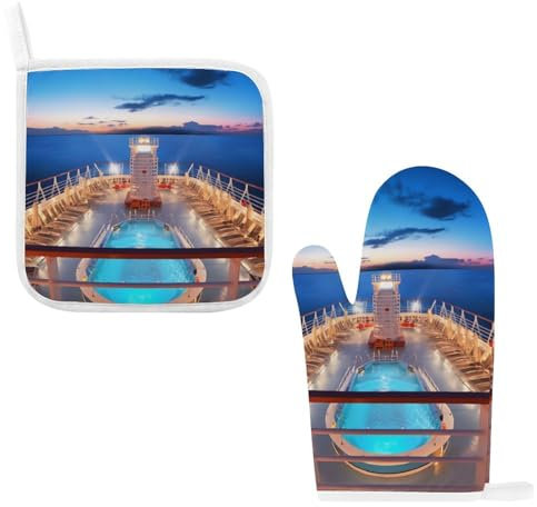 Ofenhandschuh und Topflappen, Motiv: Pool-Party, Kreuzfahrtschiff, 2-teiliges Set, hitzebeständiger Küchenhandschuh und heiße Pads, lustige Topflappen zum Kochen, Backen, Grillen