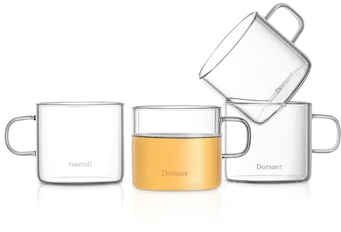 Dorsaer 5oz Modern Glass Teacups(Set of 4), 150ml Clear glass tea cup with handle for tealover, small coffee mug sets perfect for espresso shot, cappuccino, 1G051-4