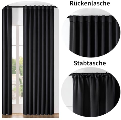 Joydeco Rideau Occultant Thermique Noir 106x158cm, Rideaux Courts Fenêtres Hauteur 158cm à Pattes Cachées et Passe Tringle pour Anti Foid et Chaleur Anti Bruit Anti UV - 2 Pièces