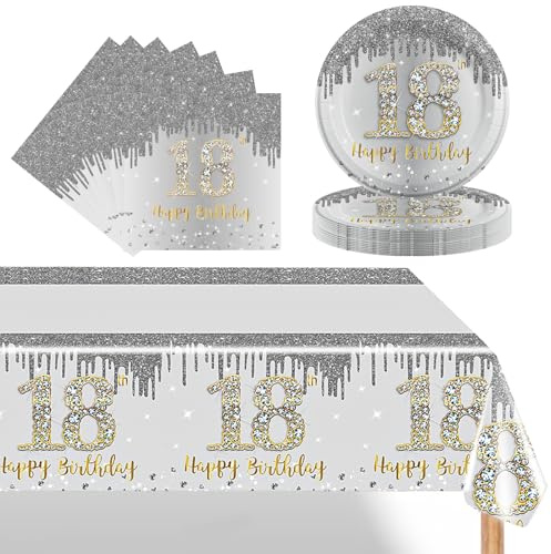 POPOYU 18. Geburtstag Partygeschirr Set - 37 Stück Pappteller, Servietten, Tischdecke für Mädchen - Silber Deko Party Zubehör