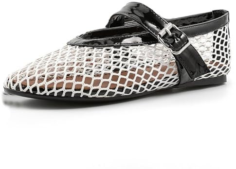 Sandalias Planas de Ballet de Malla para Mujer,Zapatos Planos Mary Jane con Hebilla de Punta Redonda Suave e Informal,Zapatos Transpirables con Corte Plano Sexy,Blanco,37 EU