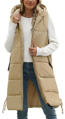 Tuopuda Womens Sleeveless Quilted Long Puffer Vest Ladies Lightweight Padded Quilted Gilets Hooded Full Zip Jacket Coats with Pockets Winter Outerwear(Khaki,M)