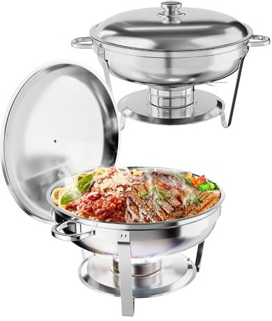 Chafing Dish for Buffet, 5QT Round Chafing Dishes Buffet Set w/Lid Holder, Stainless Steel Chafers and Food Warmers with Spoon and Tweezers for Parties, Weddings (Silver, 2 Pack)