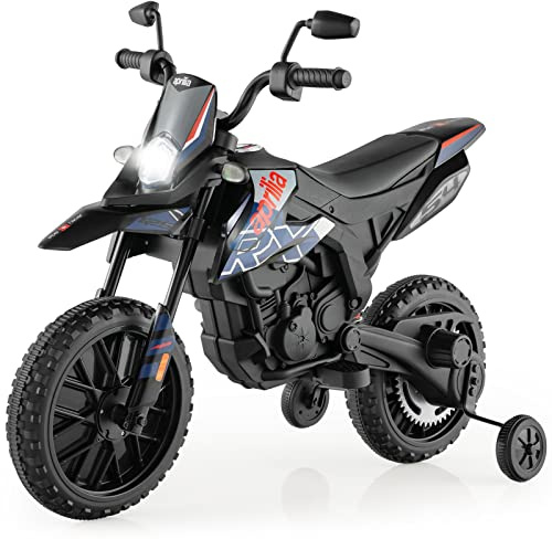 COSTWAY Aprilia Elektrisk motorcykel barn, 12 V barnmotorcykel med stödhjul och musik och strålkastare, 5,5–6 km/h, lämplig för barn från 3 till 8 år (blå)