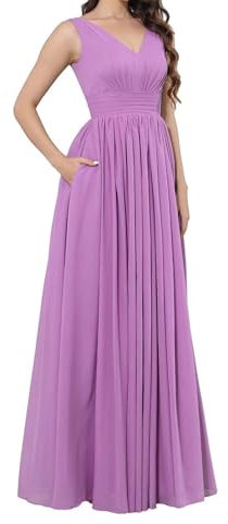HPPEE Vestido de dama de honor con cuello en V para mujer, con bolsillos, acampanado, de gasa, largo y formal, Lila, 58 Grande