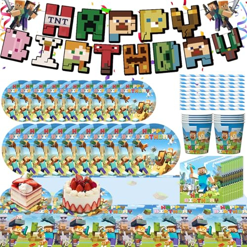 Videospiele Partygeschirr Geburtstag, 62 Pcs Miner Partygeschirr Geburtstagsdeko, Pappteller Serviette Becher Tischdecke für Jungen Kindergeburtstag Partyzubehör, Spiel Geschirr Geburtstagsdeko