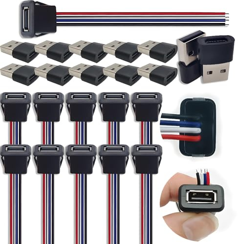 CESFONJER USB 2.0 Panel Mount Receptacle with 4-Core Pigtail Cable, OTG Adapter(10 Set), 22AWG wire Chassis Socket Data transfer and charging for DIY projects