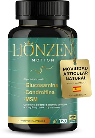 Glucosamina Condroitina y MSM +16 ingredientes articulaciones y huesos | Colágeno, Ácido Hialurónico, Cúrcuma y Vitaminas | Condroprotector Natural Cartílago y Dolor Articular | LIONZEN MOTION