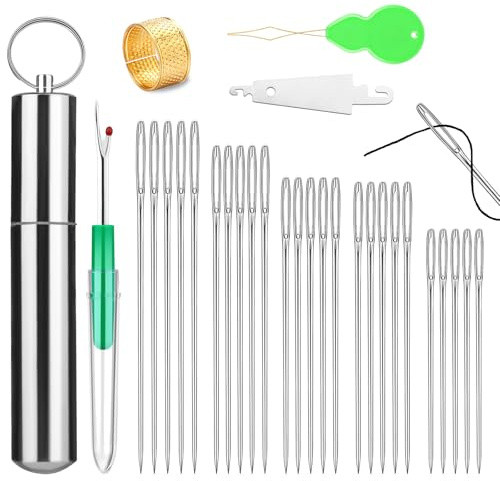 Fteven Embroidery Needles, 25PCS Large Eye Sewing Needles, 5 Size Hand Sewing Needles with Aluminium Storage Tube Threaders,Sewing Sharp Needles for Stitching Crafts, Quilting