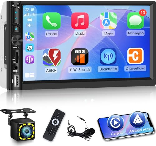 NHOPEEW Radio para Coche de 7 Pulgadas y 2 DIN con CarPlay y Android Auto - Radio Carplay Compatible con visualización de Youtube en línea Control en el Volante FM USB/SD/AUX + Cámara de Marcha atrás