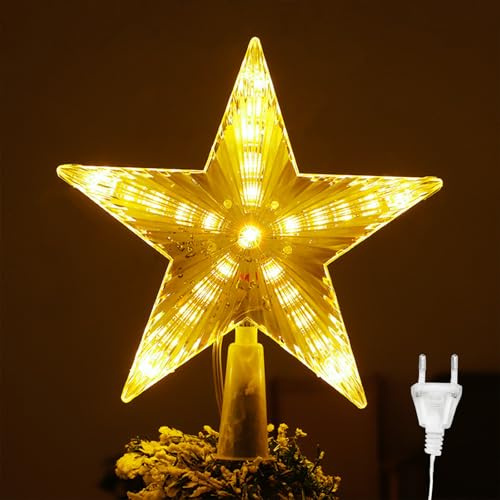 Weihnachtsbaumspitze Stern mit Stromstecker, 18 x 22cm Warmweiß Christbaumspitze, Wasserdicht Weihnachtsbaum Stern, Weihnachtsdeko Topper Sterne, Weihnachtsbaumspitze Beleuchtet für Weihnachten Party