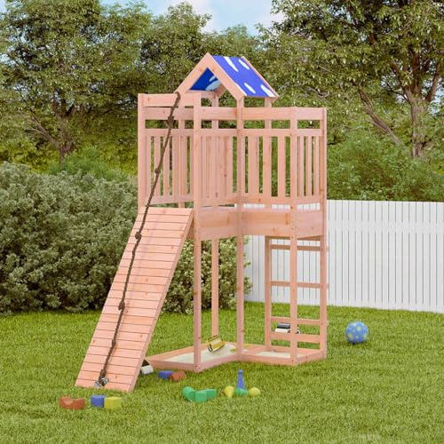 Spielturm Massivholz Douglasie mit Klettergerüst und Sandkasten, 118 cm Plattformhöhe, wetterfestes Holzspielgerät für Garten, Stelzenhaus mit Seil und Rutsche
