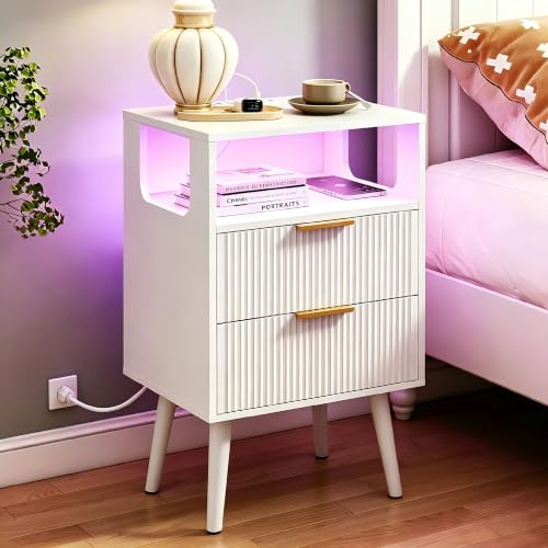 YOUDENOVA Comodini Camera da Letto, Elegante Tavolino Salotto con Presa Elettrica Integrata e Illuminazione a LED, 2 Cassetti e Scomparto, 2 Porte USB, 30 x 40 x58 cm, Bianco