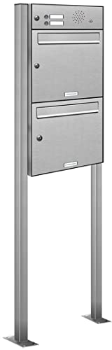 AL Briefkastensysteme 2er Edelstahl Standbriefkasten mit Klingel rostfrei als 2 Fach Briefkastenanlage in Postkasten Doppel-Briefkasten Design modern