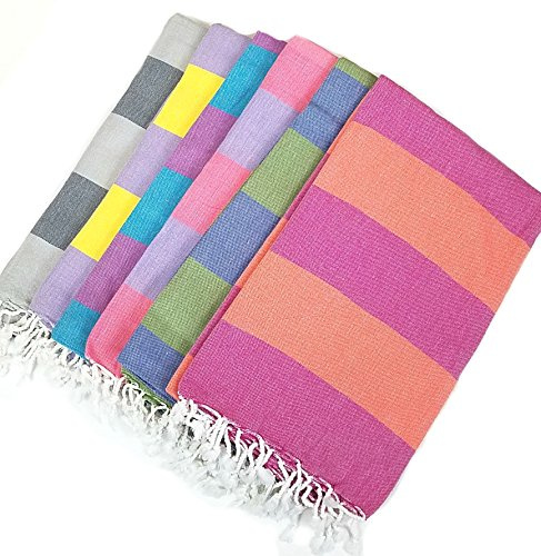 100% Cotton Anatolia Turkish Towel Surf Fouta Bath Beach Peshtemal Hamam Pool Yoga Mat Multi Color Scarf Classic Striped Blanket Tapestry Home Decor 35X70 Prewashed -Made in Turkey (Purple/Turquoise)