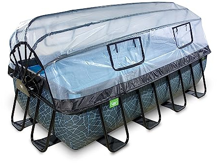 EXIT Toys Stone Pool mit Multifunktionale Abdeckung - 400x200x100cm - Großer, Rechteckiger Rahmenpool mit Sandfilterpumpe und Poolleiter - Extra Tief - Für Sauberes und Warmes Poolwasser - Grau