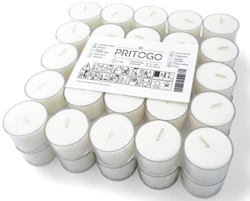 Pritogo Teelichter, 50 Stück, Weiß, Brenndauer: 8 Stunden, 20 g Wachsgewicht, 25 x 38 mm, Kunststoffhülle, Gastro, Hochzeit, Dekorieren, Feiern, Entspannen, Outdoor, Party