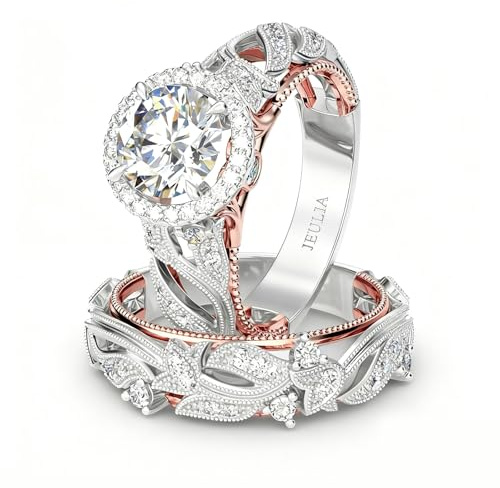 Jeulia Ensembles bagues ajourées 4 carats pour femmes Ensembles mariage en argent Bague fiançailles halo ronde en or rose Bande diamants blancs Bagues promesse d'anniversaire solitaire CZ (58（18.5）)
