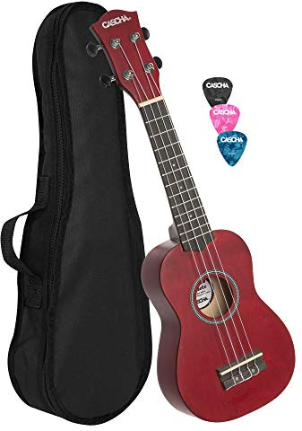 CASCHA Soprano Ukulele Red, small Hawaii guitar for kids & adults with bag, 3 picks and Aquila Ukulele strings