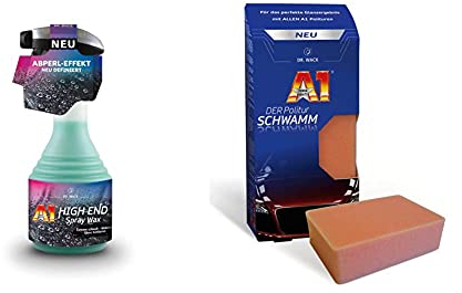 Dr. Wack – A1 HIGH END Spray Wax, 500 ml I Premium Auto-Wachs für monatelangen Lackschutz & A1 DER Politur SCHWAMM I Premium Schwamm zum Auto-Polieren I Perfekt zum Auftragen aller A1 Polituren