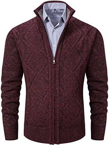 VtuAOL Men's Casual Stand Collar Full Zip Sweaters Thick Knitted Cardigan Winter Coat Wine Red US L