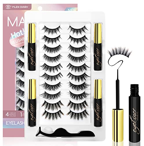 Mlen Diary Ciglia Magnetiche con 4 Eyeliners 5 Stili Misti Ciglia Finte Magnetiche Natural Look Ciglia 10 paia (8 nero + 2 colore)