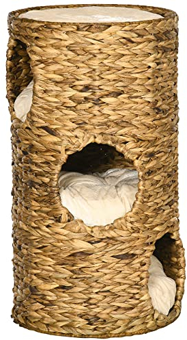 PawHut Kratztonne, 73 cm hoch Katzentonne mit 3 Höhle, Kratzbaum mit Kissen, Katzenturm aus Wasserhyazinthe, für Katze bis 3,5 kg, Hellbraun