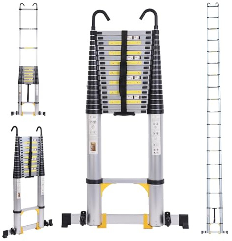 26.2FT Telescoping Ladder with Stabilizer Bar Wheels and Hooks, Multi-Purpose Extension Aluminum Folding Ladder Collapsible Adjustable Telescopic Ladders Extendable Ladder for Homeuse
