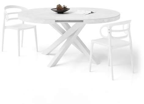 MOBILI FIVER, Runder ausziehbarer Tisch Emma, 120-160 cm, Weißer Beton mit gekreuzten Weißen Beinen, Made In Italy