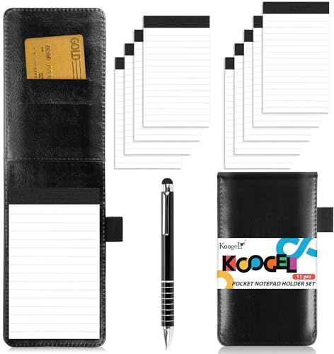 Koogel Pocket Notepad Holder with Pen, 3 x 5 Inch Small Leather Pocket Notebook with 9 Refills (320 Pages Total), Memo Book Set for Business, Office, Police, Journalists, Outdoor Work & Daily Carry