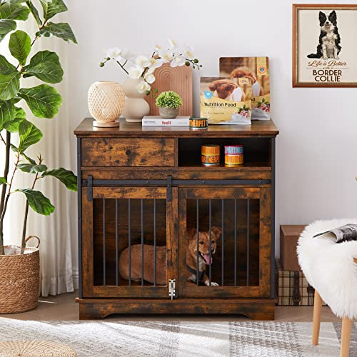 Dog Crate Furniture, Dog House Indoor with Sliding Barn Door, 35 Wood Dog Crate Heavy Duty Dog Kennels Decorative Dog Crate for Small/Medium/Large Dog Brown
