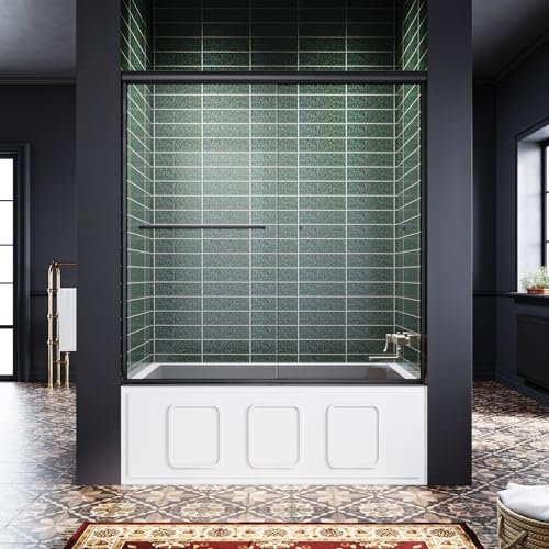 ELEGANT Double Sliding Bathtub Shower Door 60 W x 62 H, Adjustable Framed Bathtub Door with 1/4 Tempered Glass, Black Finish