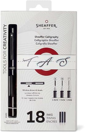 Sheaffer® Calligraphy Matte Black Fountain pen Minikit with Black cap and Matte Black Trim - Fine, Medium, Broad nibs & 18 Cartridges are included.