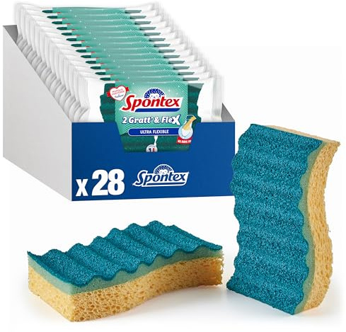 SPONTEX Gratt & Flex Esponja 28 esponjas no rayantes (14 Paquetes de 2) - Ultra Flexible - Ultra eficaz sin Esfuerzo - Made in France