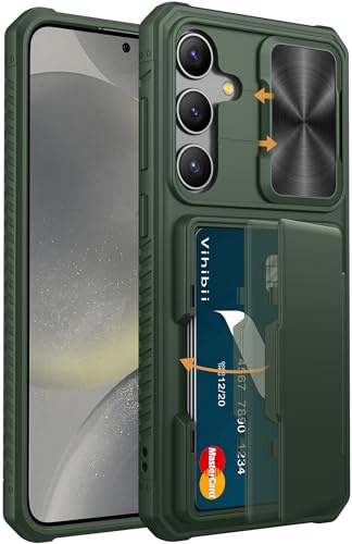 Vihibii för Samsung Galaxy S24 Plus mobiltelefonfodral med korthållare och kameraskydd, militärstandard fallskydd, stöttålig, reptålig silikon, skyddsfodral för Galaxy S24/S24 Plus, mörkgrön