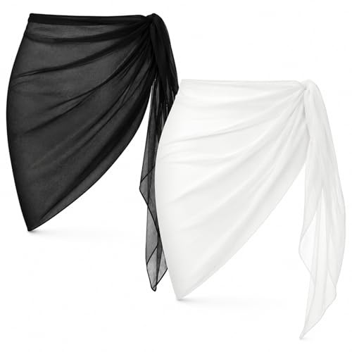 2 Stück Sarong Coverups für Frauen Badeanzug Wrap Badeanzug Rock Bikini Bademode Chiffon Cover Up Strand (DE/NL/SE/PL, Alphanumerisch, Einheitsgröße, Regular, Regular, Schwarz+Weiß)