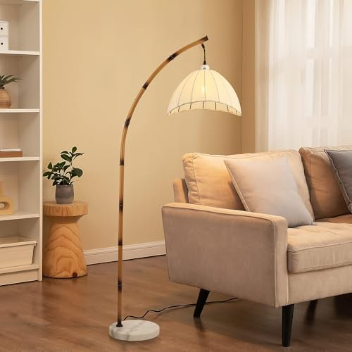 kaixunl Bogenlampe Aus Bambusimitat, Stehlampe, Lampenschirm Stehlampe Aus Stoff, Vintage Stil Rattan Boho, Geeignet Für Wohnzimmer, Schlafzimmer, Arbeitszimmer, E27-Sockel, H160 Cm