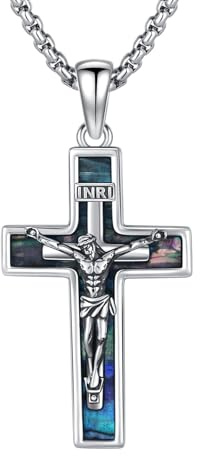 OHAYOO Kreuz Kette für Herren - 925 Silber Kruzifix Kreuzanhänger mit Abalone/Türkis/Malachit/Lapislazuli & Edelstahlkette - Christliche Silber Kette für Männer