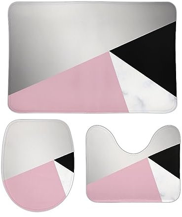 Wc Vorleger Set 3 Teilig Elegantes Geometrisches Silber, Weiß, Marmor, Rosa U-Förmiger Teppich Waschbar Badezimmer Vorleger 3-Teiliges Wasserabsorbierend Badezimmer-Garnitur