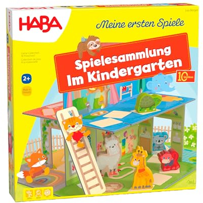 HABA Im Kindergarten Spielesammlung - 10 Abwechslungsreiche Spielideen - Großes 3D-Spielhaus mit 5 Holzfiguren - Ab 2 Jahren - Artikelnummer 2011718001