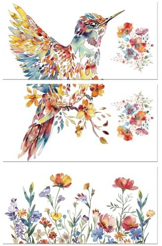 Peacoblue UV DTF Rub-On Transferfolie Möbel-Sticker Vogel und Blumen Muster 15x30cm, 3 Stk. Wasserfeste Deko-Transferaufkleber für Möbel Glas Gläser Porzellan Wäscheschränke Kommoden Holz Kunststoff | 3er Set UV DTF Transfersticker 15x30cm, Wasserfeste Dekorfolie für Möbel, Schubladen, Holz, Glas und Keramik