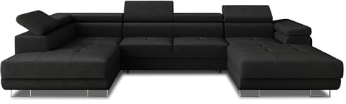 Sofnet Wohnlandschaft Caris U mit Schlaffunktion und einstellbare Kopfstützen, Ecksofa mit Zwei Bettkästen, Couch, Sofa, Bettsofa (Schwarz (Kronos 07), Ecksofa Rechts)