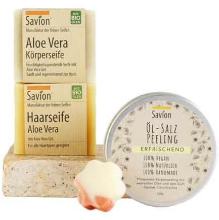 Savion | 4-teiliges Set | Aloe Vera Haarseife, Körperseife, Peeling & Seifenhase | SET | Made in Germany