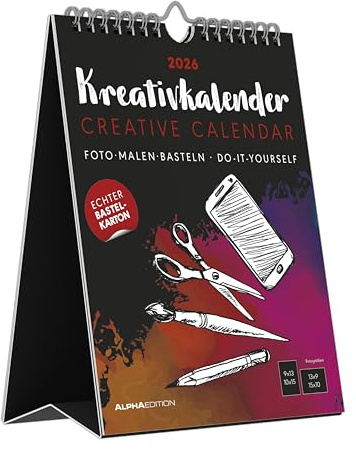 Alpha Edition - Kreativ-Kalender Tischaufsteller Hoch Schwarz 2026 – Bastelkalender 16×20 cm mit weißer Schrift, zum Aufstellen & Aufhängen, ideal für Fotos & kreative DIY-Geschenke