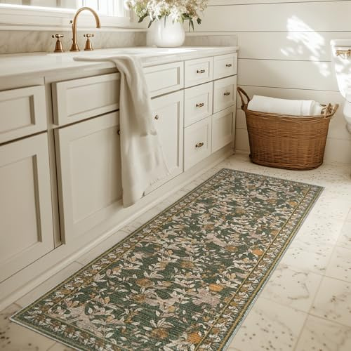 TOPICK Blumen Läufer Flur Waschbar Küche Läufer Teppich 60x183 Orange-Grün | Kurzflor Vintage Romantisch Teppich Antibakterieller Faltbar rutschfest Dünn Teppich für Brücken Schlafzimmer Wohnzimmer
