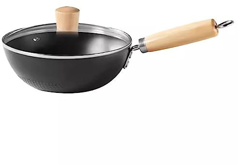 ASerZenith Sartén Antiadherente, Mini Sartén De Hierro Fundido, Wok De Acero Al Carbono, Precurado, Antiadherente, con Mango De Madera, Compatible con Inducción(Negro-24x8,2cm)