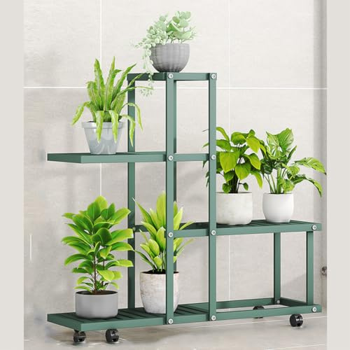 Niwugady Support de plantes à 4 étages en métal - Pour l'intérieur et l'extérieur - Étagère à fleurs pour plusieurs plantes - Étagère sur pied pour jardin, balcon, terrasse - 60,5 x 26 x 62 cm - Vert