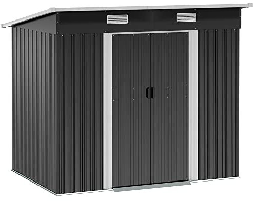 Outsunny Casetta per attrezzi in metallo, 2,3 m², 207 x 130 x 182 cm, con tetto spiovente, fondazione per porte scorrevoli, resistente agli agenti atmosferici, casetta da giardino per esterni, capanno